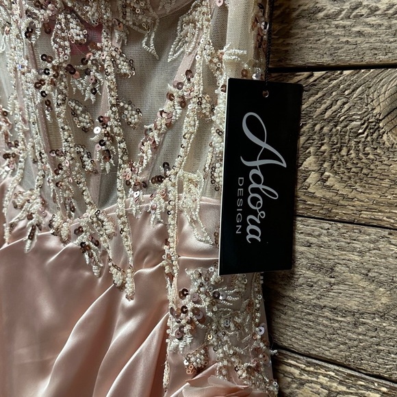 EMBROIDERED OFF SHOULDER CORSET SLIT GOWN BY ADORA 3132 in Champagne - Picture 5 of 8